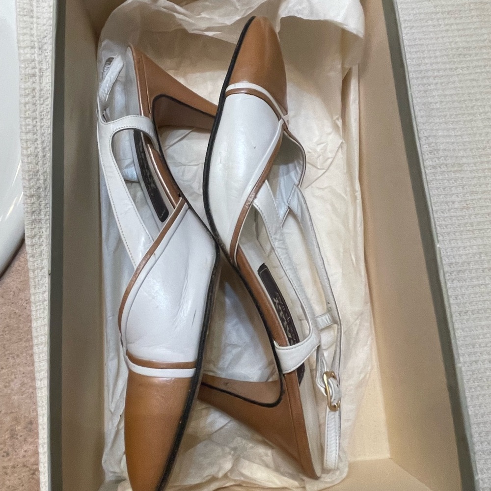 - Bally made in Italy size 6.5 white & tan sling back shoes vtg heels and …